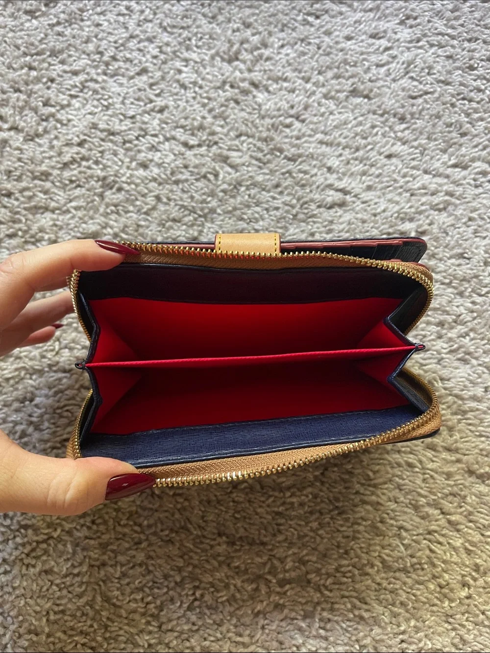 Dooney & Bourke Navy Leather Zip-Around Card Holder with Tan Trim